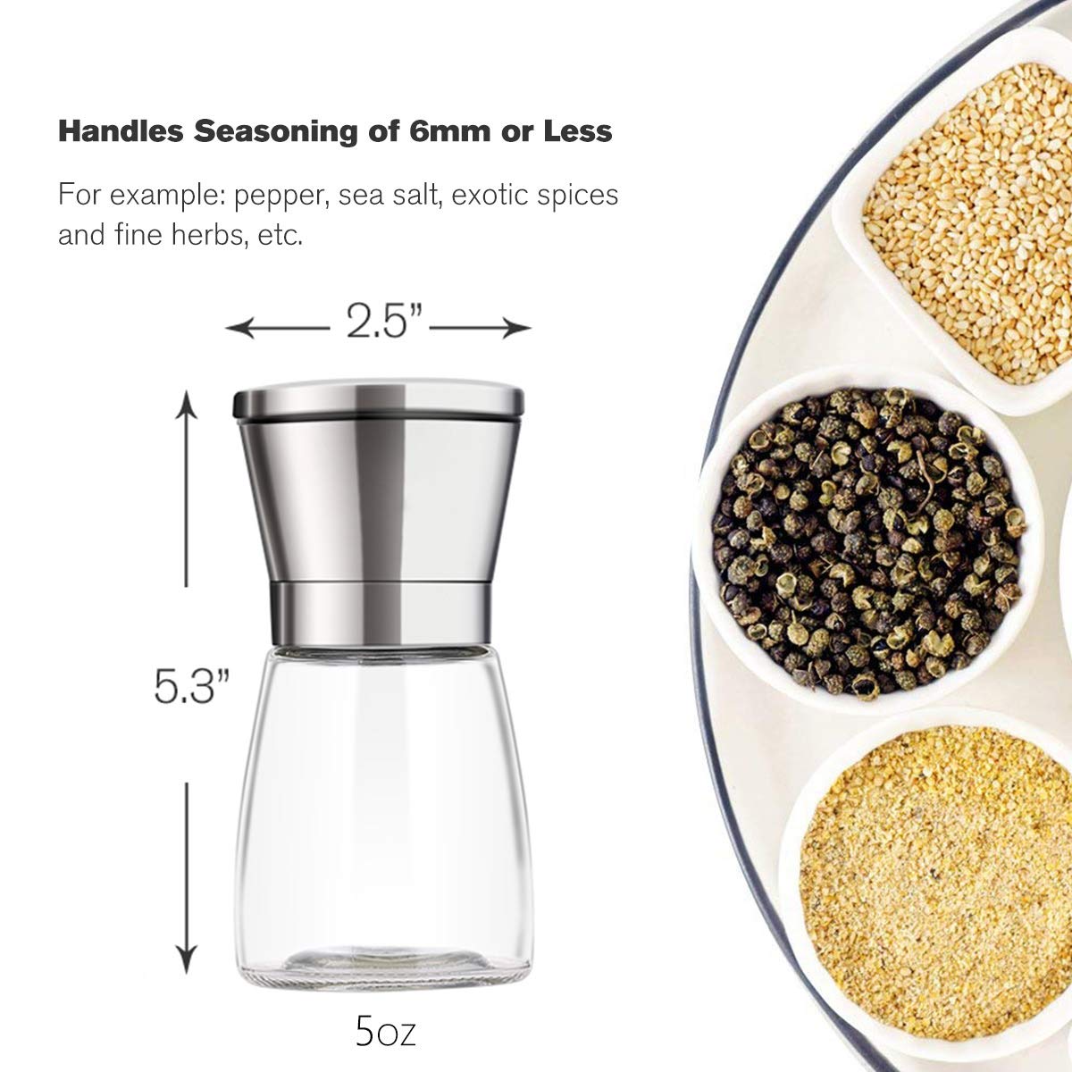 bonris Premium Salt and Pepper Grinder Set with Stand Stainless Steel Manual Spice Adjustable Coarseness with Five Grinding Level Pepper Mill Grinders Shakers Set with Silicone Funnel (Pack of 2)