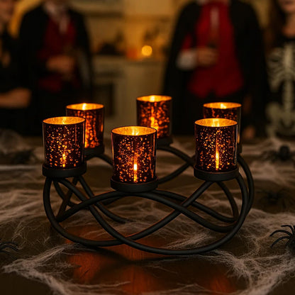 Seraphic Halloween Candle Holder Centerpiece Decoration – Black Metal Iron 6-Cup Votive Tealight Holder for Spooky Table Gothic Decor, Kitchen & Dining Room, Coffee Tables