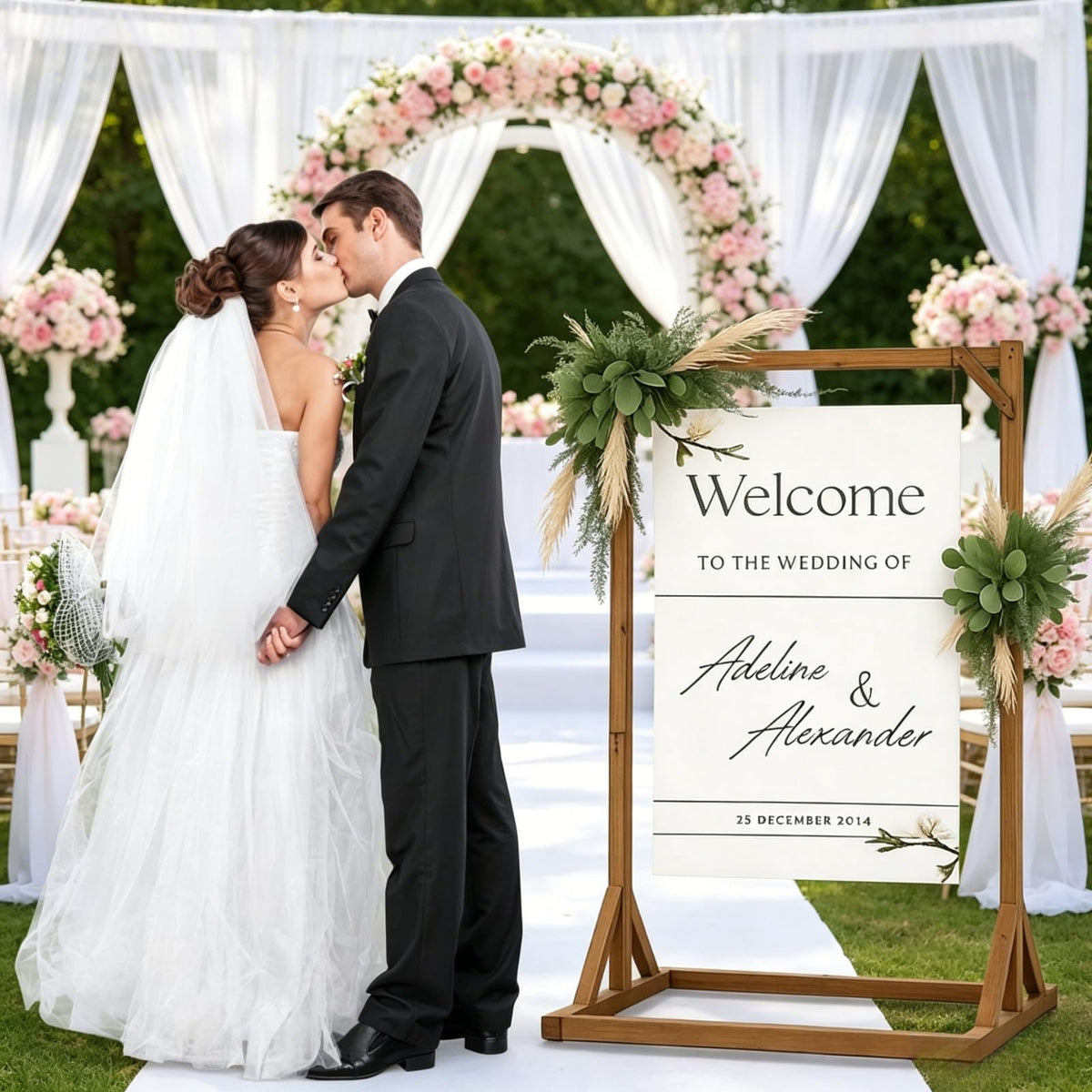 Merrifete Wooden Welcome Sign Stand, Heavy Duty Adjustable Sign Holder Stand Wood Easel w/ Poster Design Templates for Wedding, Bridal Shower, Baby Shower, Birthday Party, 62" x 30" x 20"