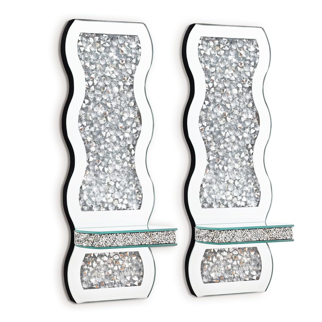 Aeveco Crystal Crush Diamond Mirrored Candle Sconces, Silver Wall Candle Holder Set of 2, Wall Decorations for Living Room，Dining Room (Wave)