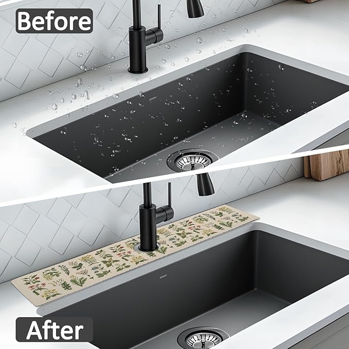 24" X 5.5" Kitchen Sink Splash Guard Faucet Mat Floral Super Absorbent Fast
