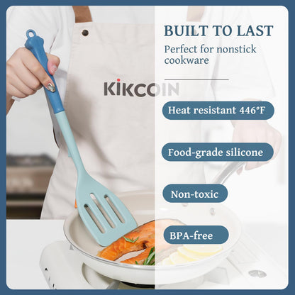 Kikcoin 43Pcs Large Kitchen Utensils Set - Silicone Cooking Utensils Set, Dishwasher Safe Spatula Set for Non-stick Cookware, 446°F Heat Resistant Kitchen Utensils Set with Holder BPA Free, Blue