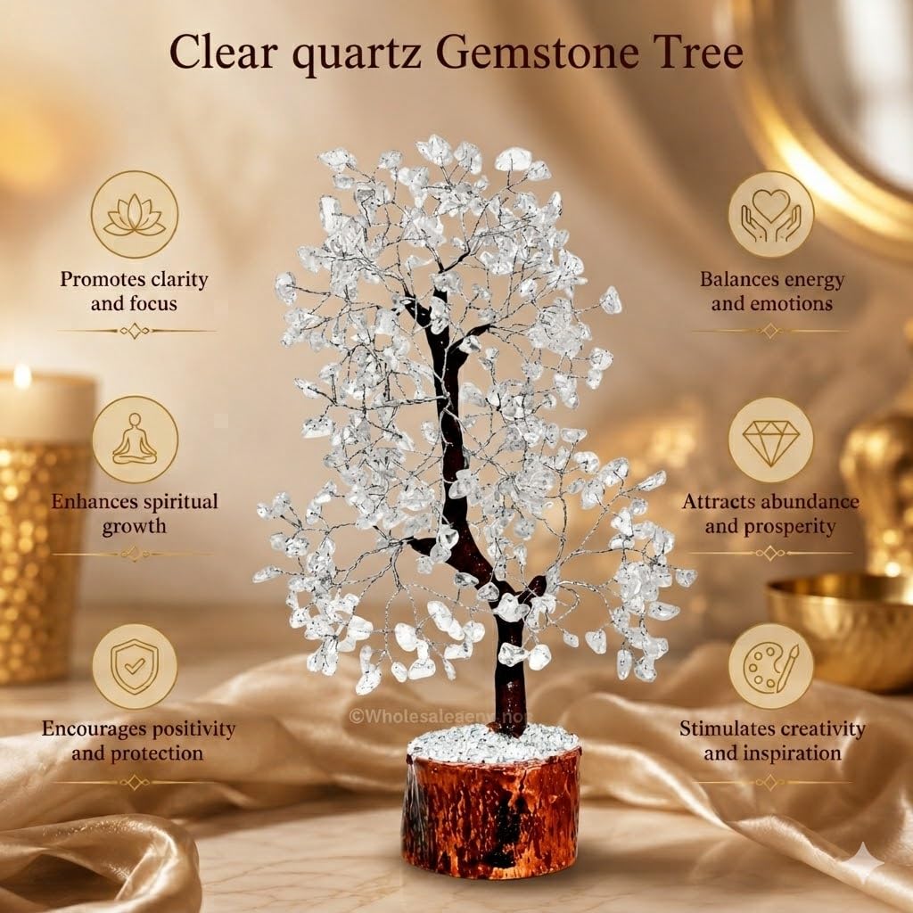 Gemscite Gemstone Clear Quartz Tree Size 10-12" Handmade Feng Shui Figurine Money Bonsai Good Luck Healing Crystals - Silver Wire Balancing Decoration Table Room Decor Gift
