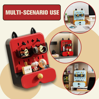 SWHC Desk Organizer Cute with Pegboard, Multifunctional Desktop Storage Box with Drawer & 2 Compartments, 3 Tier Desk with 2 Removable Boxes and Hooks, Art Supplies, Birthday Gifts for Kids