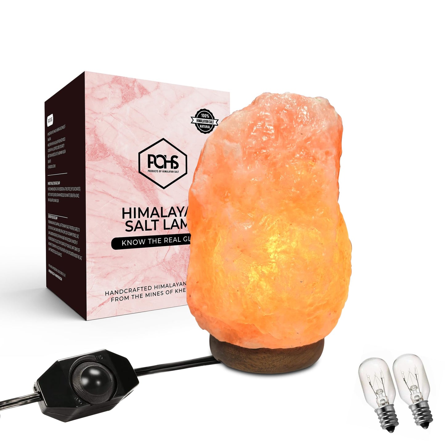 POHS 8-10 Inches (7-11 lb) 100% Authentic Himalayan Pink Salt Lamp – Handcrafted with Dimmable Switch, Wooden Base, and Bulb Replacement Included