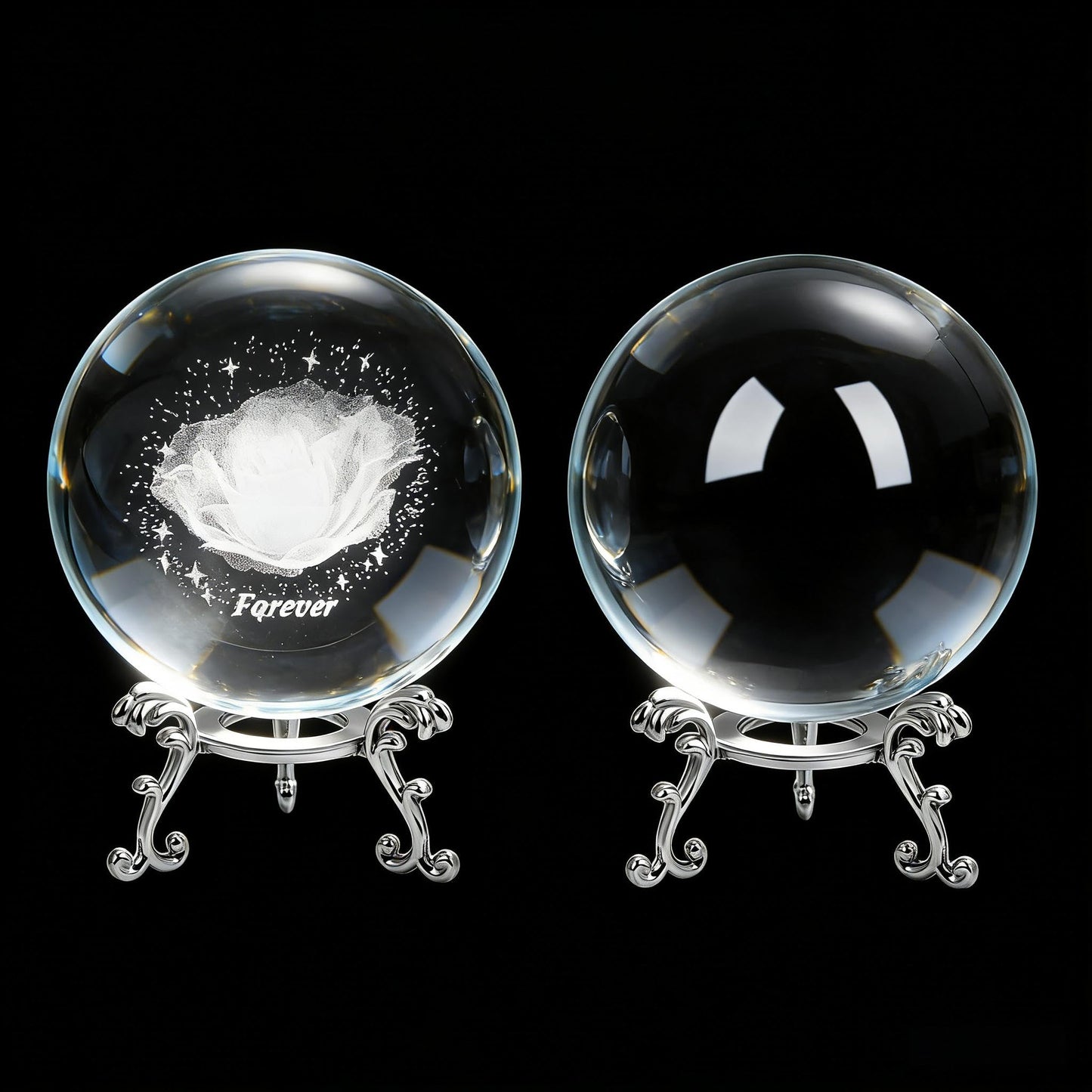 2Pcs Crystal Balls with Silver Stands - 3D Laser Engraved Rose & Clear Crystal Sphere Set, Decorative Paper Weights, Home & Party Decor, Photography Props,Birthday Gifts for Girls Women & Mom