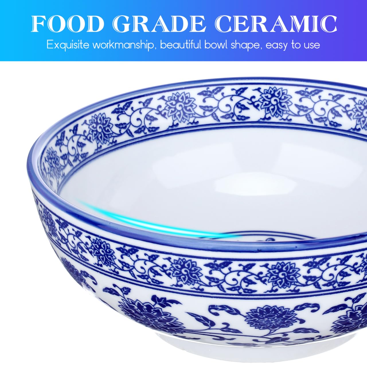 Luxshiny Blue White Porcelain Bowl, 8 Inch Chinese Ceramic Bowl Asian Serving Container for Salad Pasta Rice Porridge Fruits Udon Soba