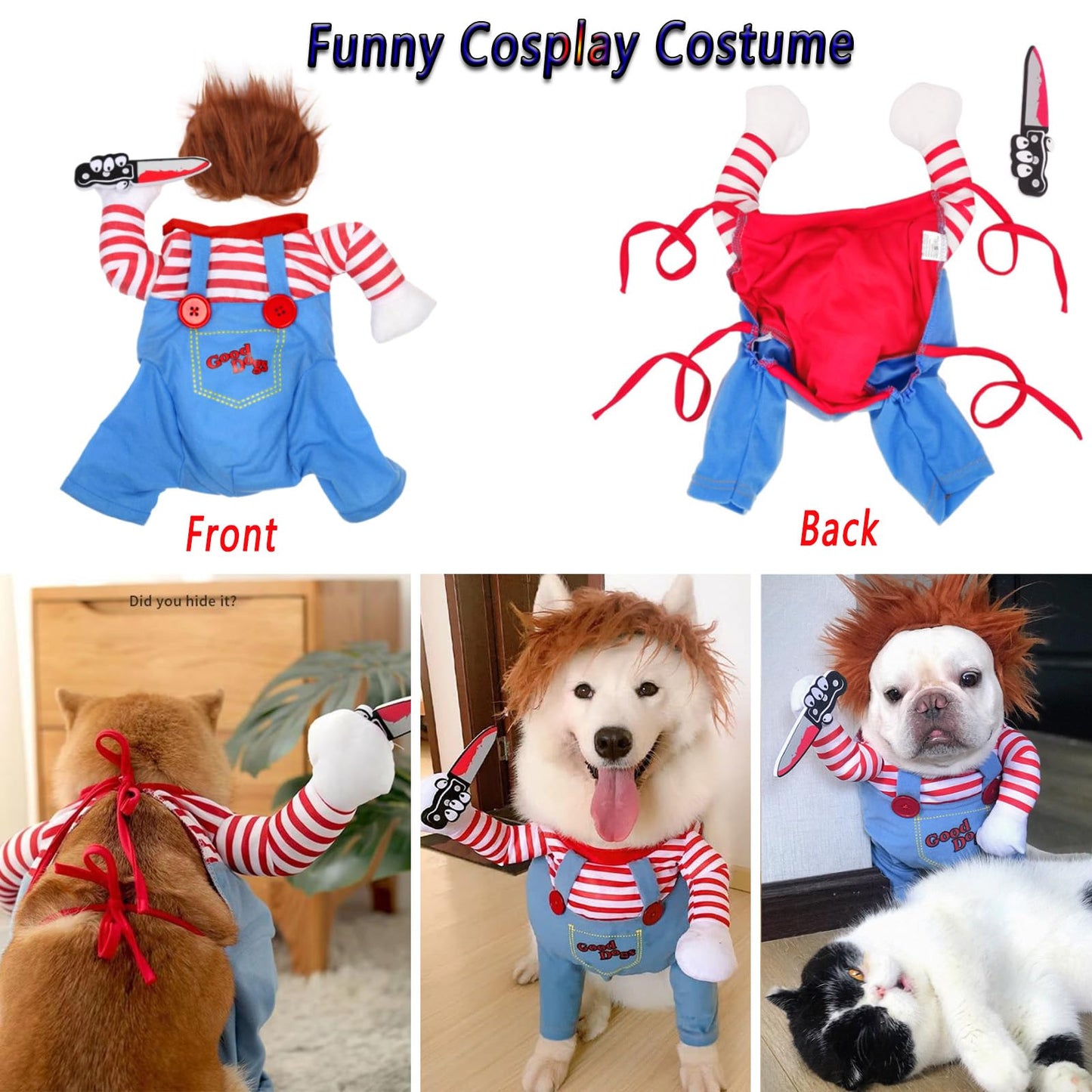 Pet Deadly Doll Chucky Costume, Funny Halloween Cute Dog Clothes Party Cosplay for Small, Medium, Large Dogs, Cats & Puppies, Scary Spooky Kitty Apparel