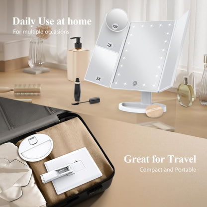 HUONUL Makeup Mirror, Gifts for Mom Mothers Day, Vanity Mirror with Lights, 2X/3X/10X Magnification, Touch Control, Trifold, Dual Power Supply, Birthday Gifts for Women, Girls, Dorm Room Essentials