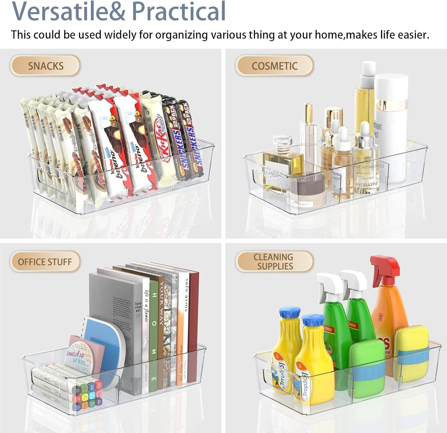 Clear Plastic Food Storage Organizer Bins,8 Pack Pantry Organizations and Storage Bins with Removable Dividers, Stackable Refrigerator Organizer Bins Fridge Organizers Kitchen Cabinet Organizers