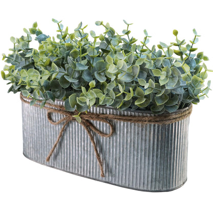 Winlyn Artificial Eucalyptus Arrangement in Rustic Oval Galvanized Metal Planter Box Faux Eucalyptus Bush Greenery Potted Plants for Farmhouse Indoor Home Office Table Centerpiece Kitchen Décor