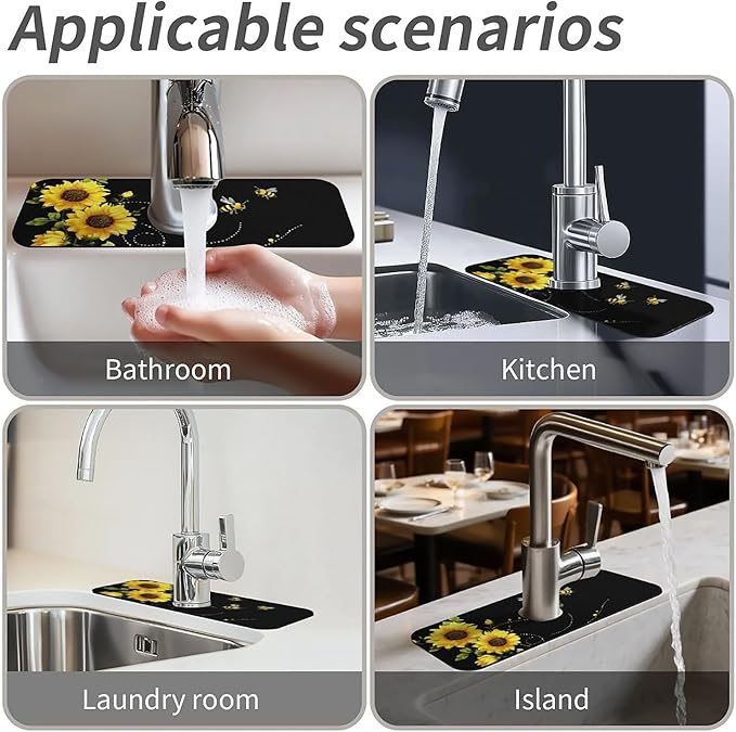 Kitchen Sink Splash Guard，sunflowers-and bees- Faucet Mat Sink Gadgets-Super