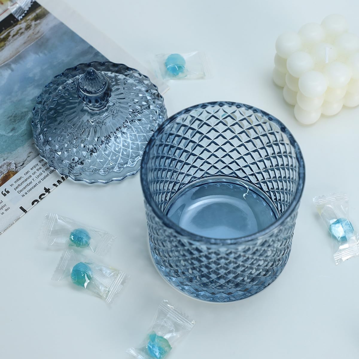 Sizikato Diamond Faceted Crystal Glass Candy Jar with Lid, 18oz Blue Decorative Jar, Nut Jar, Dried Fruit Storage Jar.