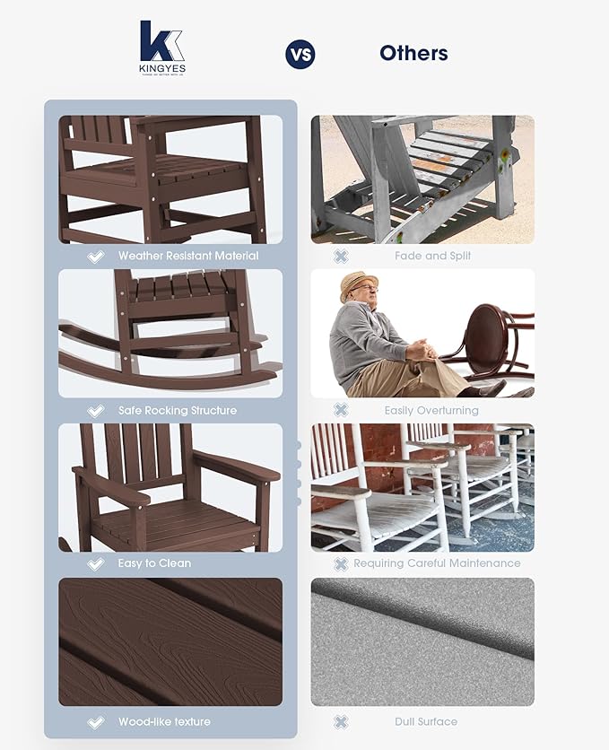KINGYES HDPE Outdoor Rocking Chair Set of 4, All-Weather Poly Patio Rocking Chairs with 330lbs Support for Adults, Coffee Brown