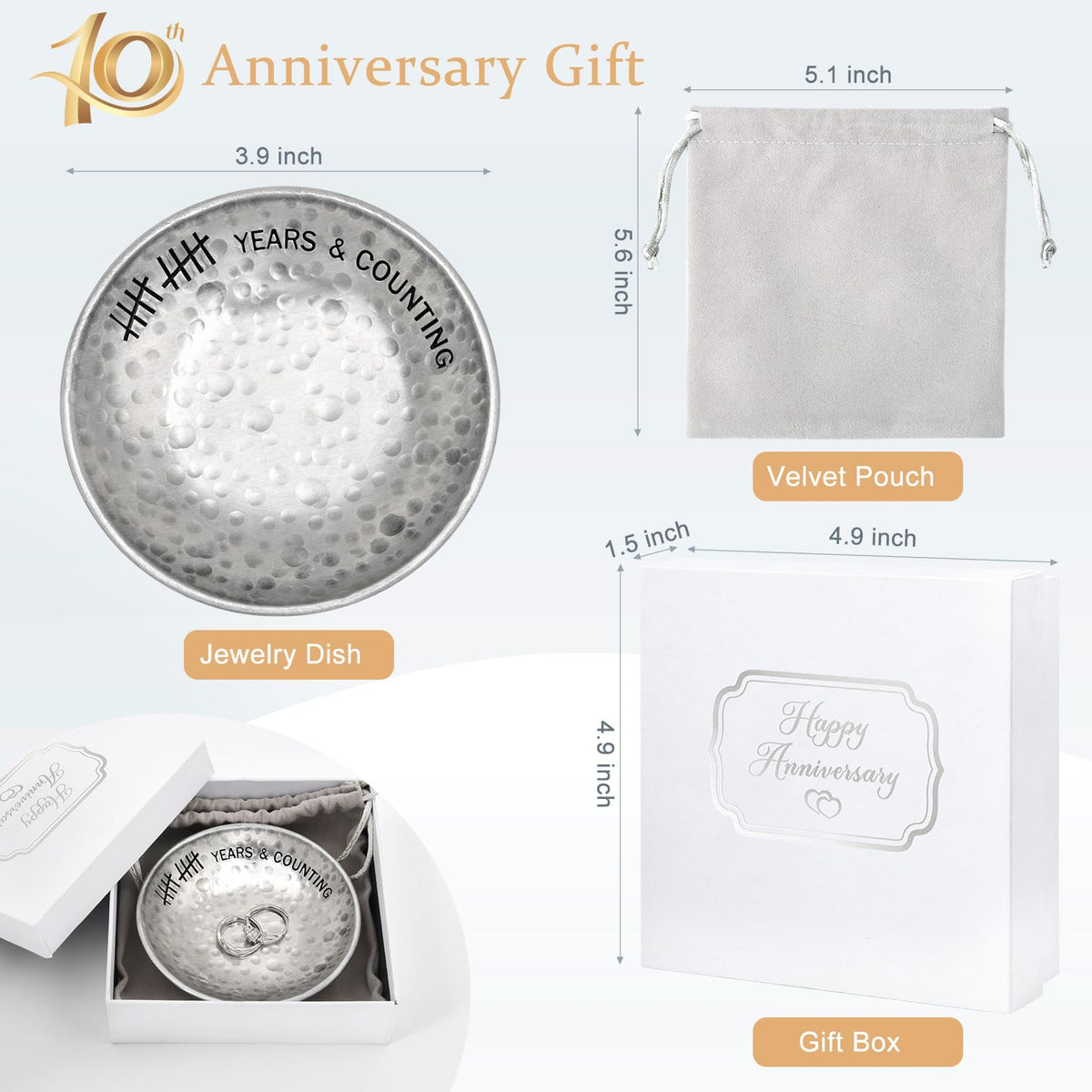 CEELGON 10 Year Wedding Anniversary Tin Gifts - 4" Tin Jewelry Tray Engraved Aluminum Decorative Dish for Couple