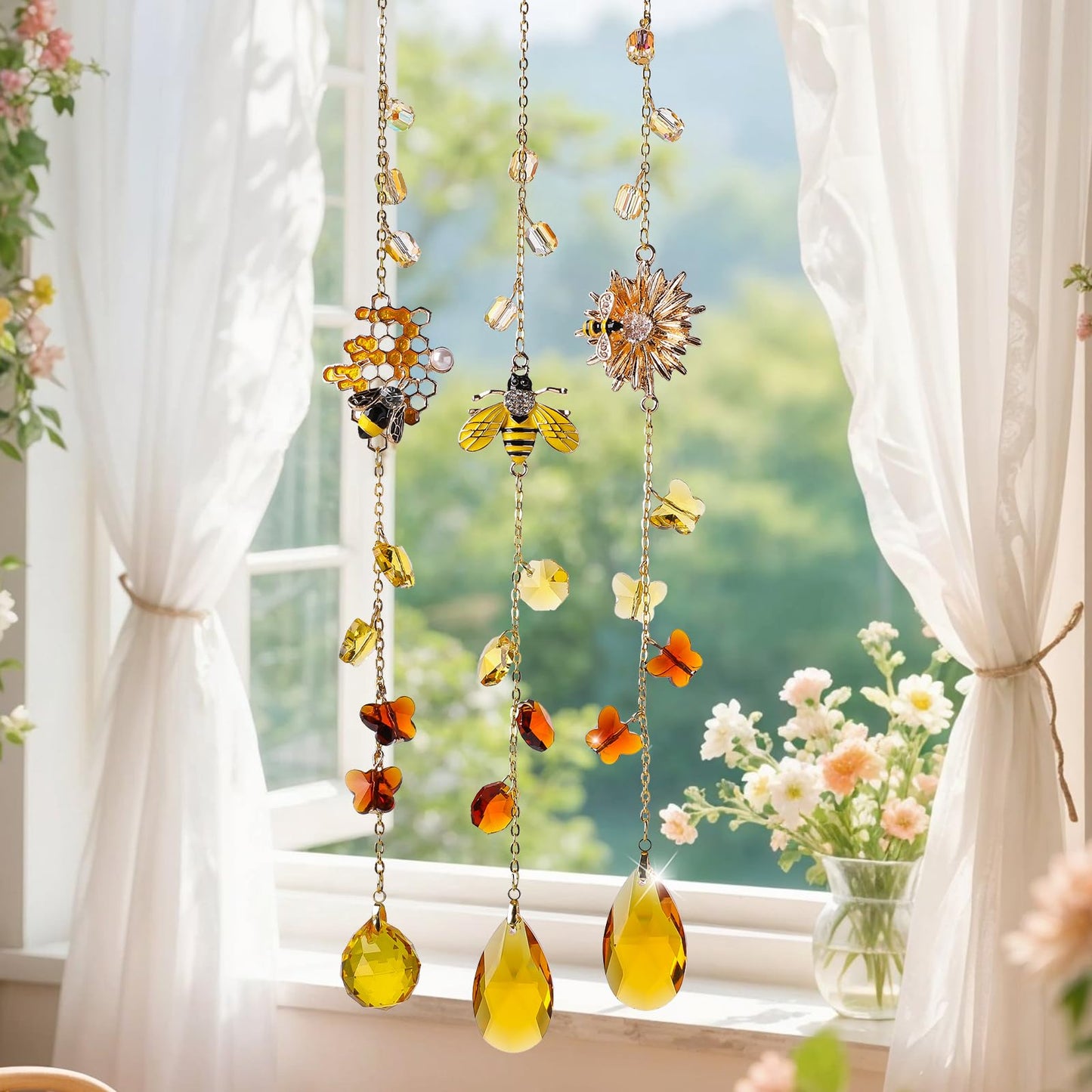 Crystal Sun Catcher Bee Rainbow Maker Hanging Suncatchers Window Decor Christmas Ornaments for Tree Gift for Mom Women Set of 3