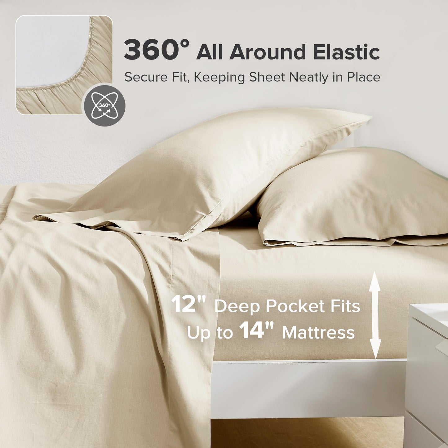 Comfort Spaces 100% Cotton Sheets Twin, Breathable & Ultra Soft Cotton Sheets, Naturally Cool Cotton Bed Sheets with 12" Elastic Pocket Fits up to 14" Mattress, All Seasons Sheet Set, Cream 3 Piece
