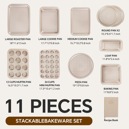 FLAREFX 11 Piece Baking Set | Nonstick & Non Toxic Bakeware Sets Baking Pans Set | Carbon Steel Baking Supplies Include Notebook, Cookie Sheets, Roasting Pan, Muffin Pan, Cake Pan, Pizza Pan, Loaf Pan