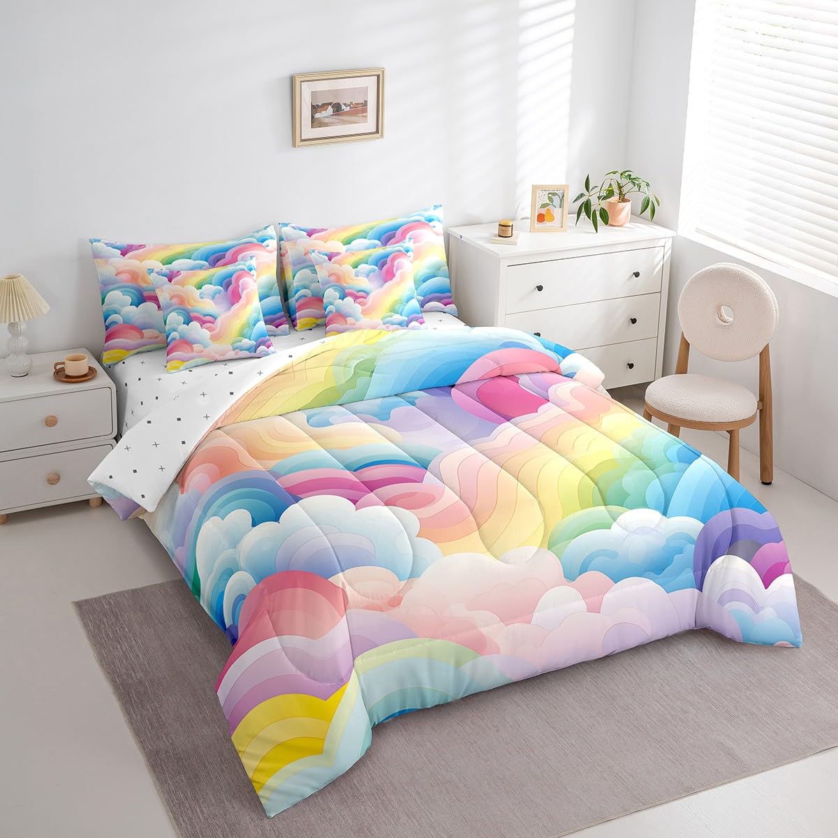 Erosebridal Girls Rainbow Full Bedding Sets 7-Piece Colorful Cloud Comforter Set Cartoon Kawaii Geometric Stripe Comforter Set with Sheets Pink Pastel Bed in A Bag Blue Pink Bed Sheets Set Cozy