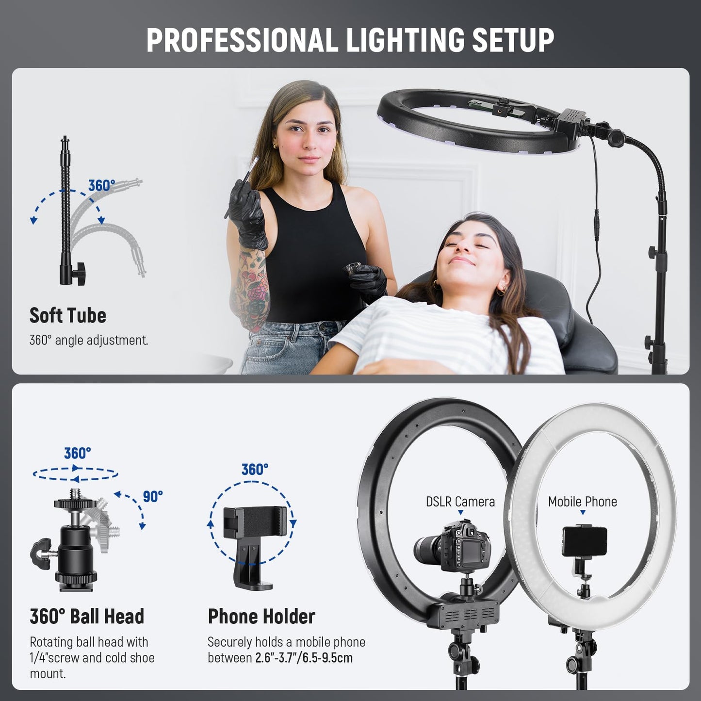 NEEWER Ring Light Kit: 18"/45cm Outer 55W 5600K Dimmable LED Ring Light, Light Stand, Carrying Bag for Camera, Smartphone, YouTube, TikTok, Self Portrait Shooting, Black