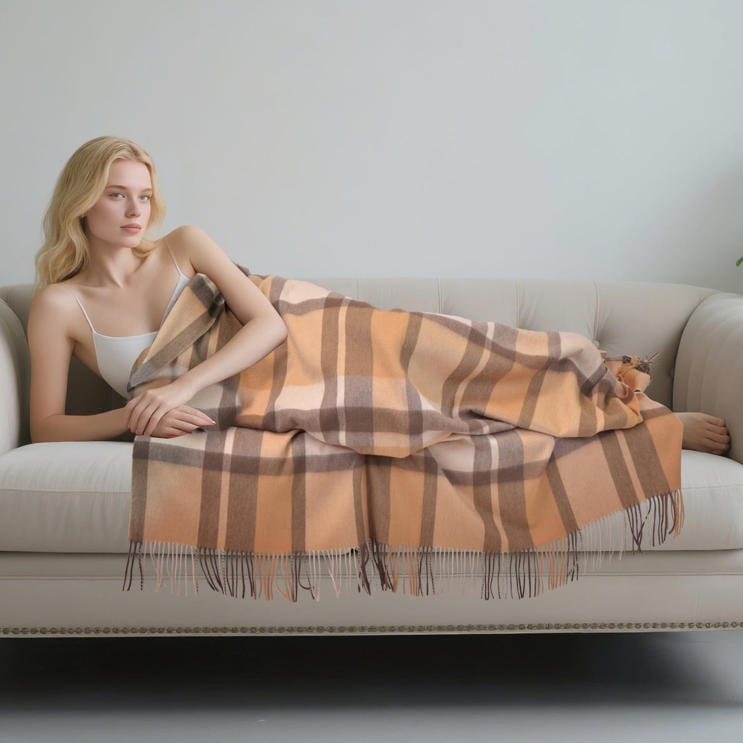 Pure Wool Blanket - 85" x 55" - Soft Cozy, Wool Knee Blanket with Fringe for Couch Sofa Bed, Lightweight Breathable Throw for Home Travel, Camel Chedkered