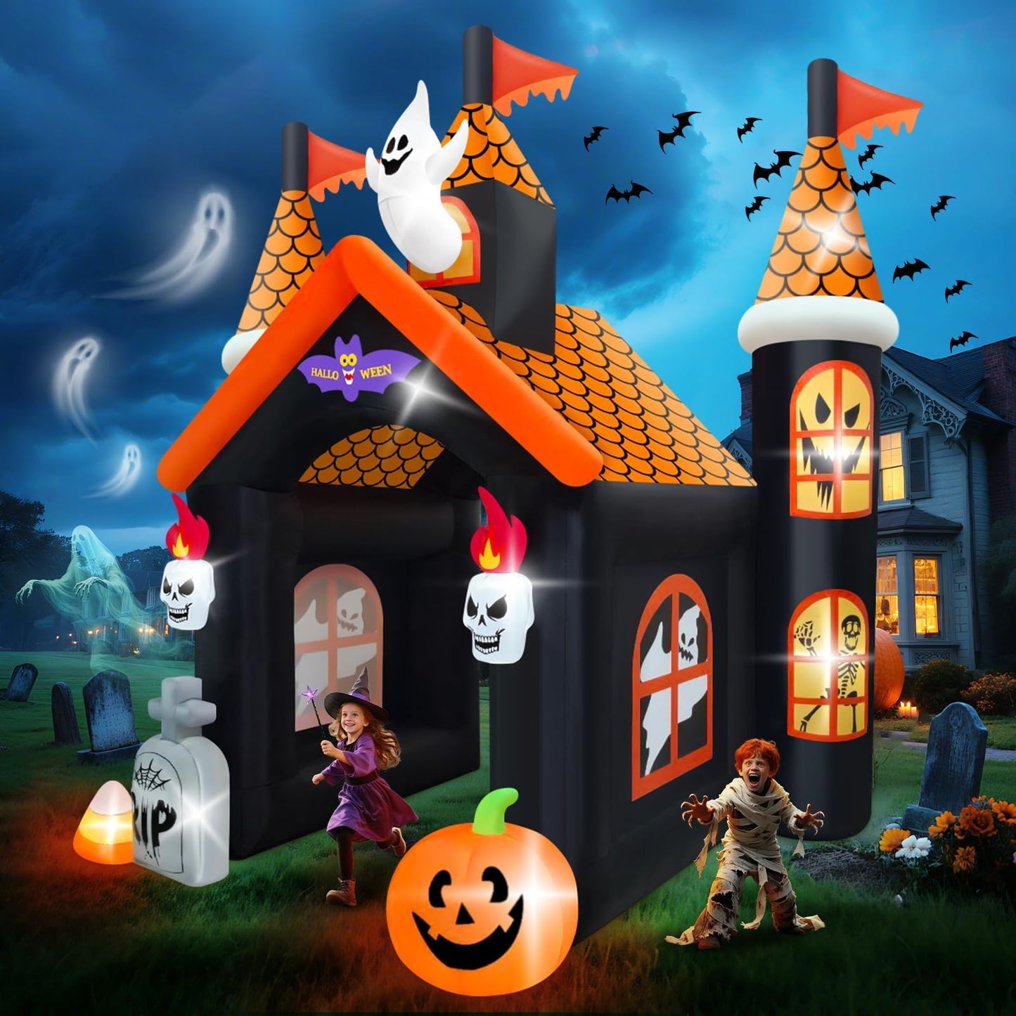 12FT Halloween Inflatable Archway with LED Light, Kalolary Large Haunted House Inflatable Ghost Pumpkin Blow up Tunnel Halloween Outdoor Yard Decoration for Halloween Party Home Lawn Family