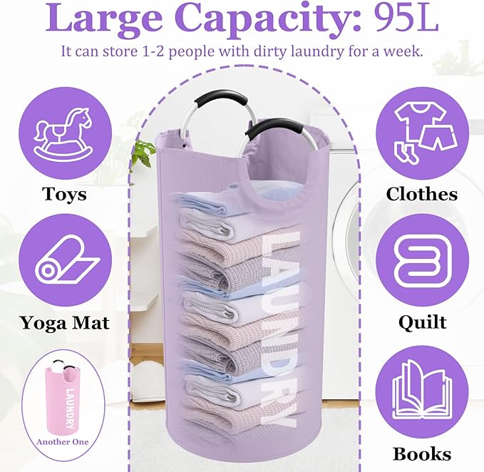 2Pcs 95L Purple + Pink Laundry Basket, Folding Laundry Hampers
