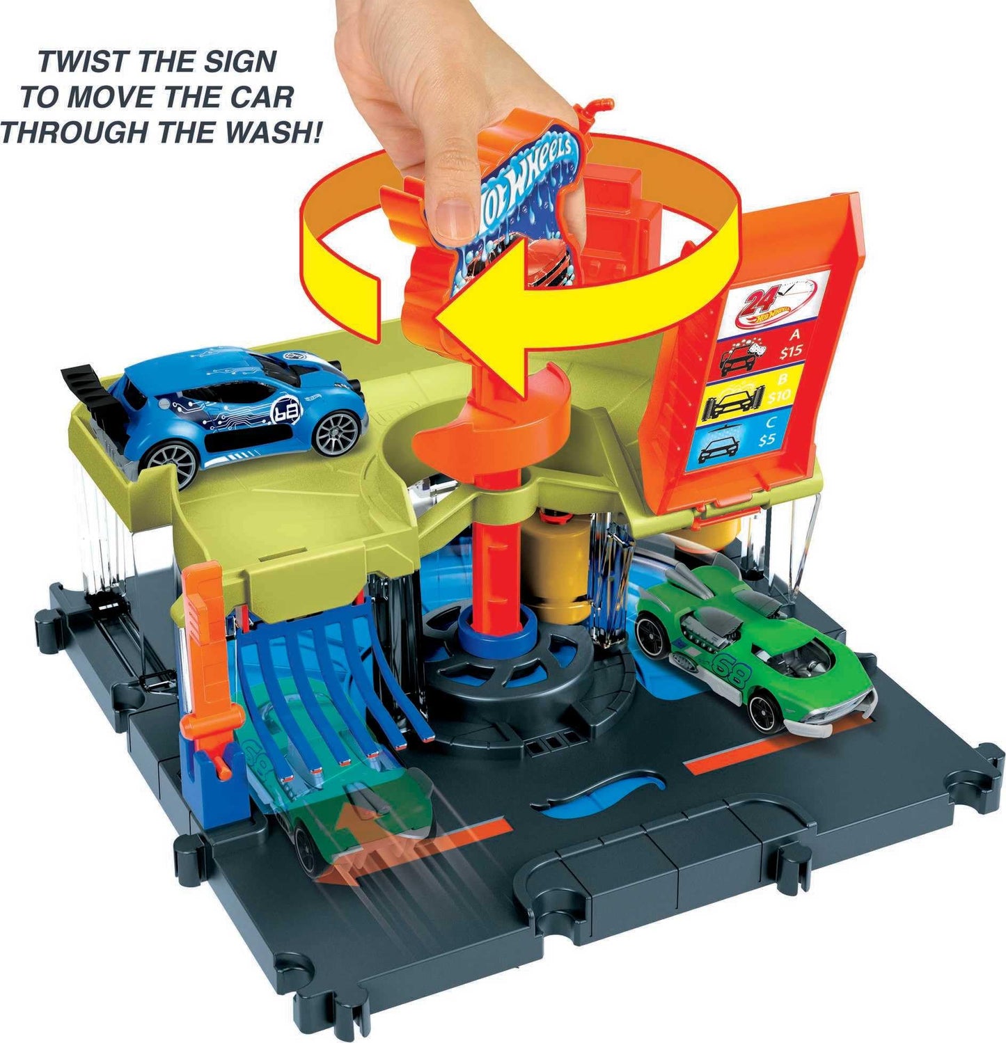 Hot Wheels City Toy Track Set, Downtown Express Car Wash Playset with 1:64 Scale Vehicle, Foam Roller & Drying Flaps, HDR27