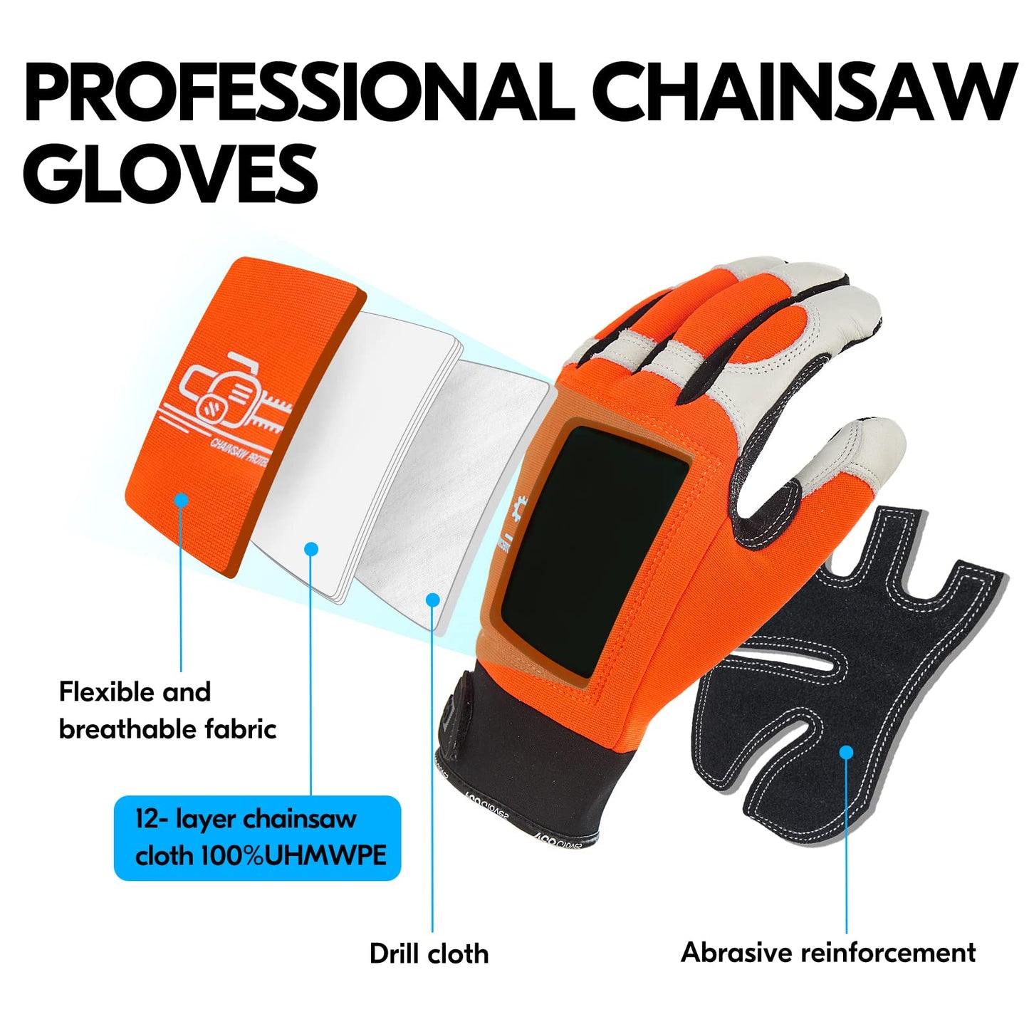 Vgo... Chainsaw Gloves 12-Layer Protection on Both Hands in Cowhide, Forestry Work Gloves Touchscreen Utility Touchscreen