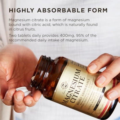 Solgar Magnesium Citrate Tablets, Supports the Nervous System, Energy Release, Reduces Tiredness and Fatigue, Vegan, Brown, 120 Count