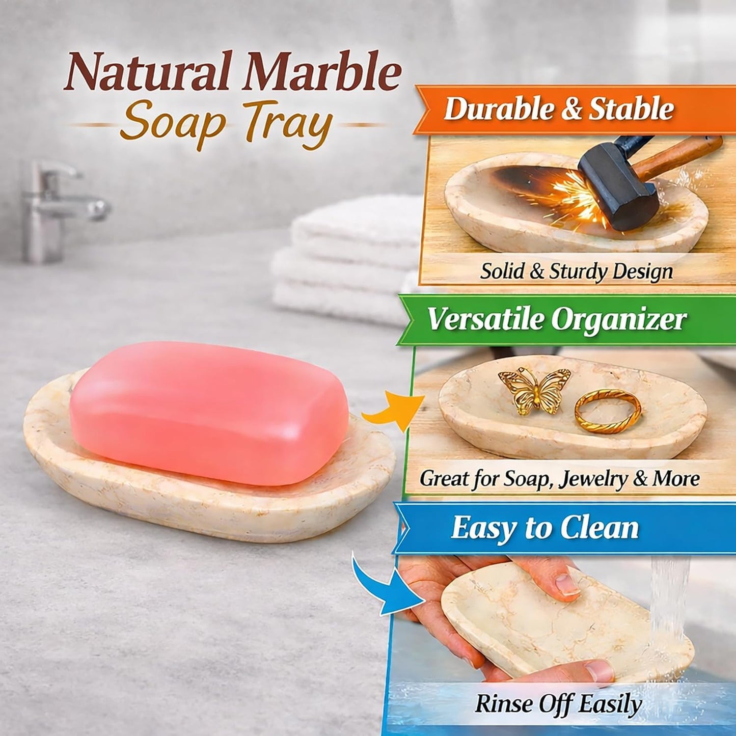 Creative Home Natural Champagne Marble Soap Dish for Bar Soap, Compact Beige Stone Soap Holder for Bathroom Sink and Shower Shelf, Solid Marble, 5.8 x 3.8 x 0.9 in