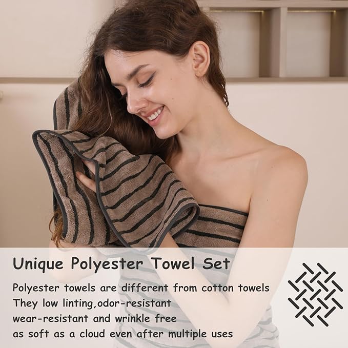 8 Pcs Polyester Brown Cabana Stripe Large Bath Towel Set-2 Bathroom Towels