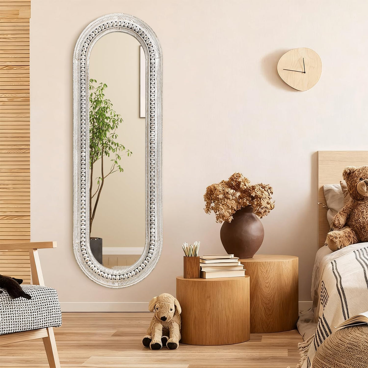 MWAZZLL Wall Mirror Full Length with Beaded Framed Oval Rustic Wood Mirrors Decrorative Large 47"x16" for Bedroom Bathroom Living Room Entryway Dressing Room White