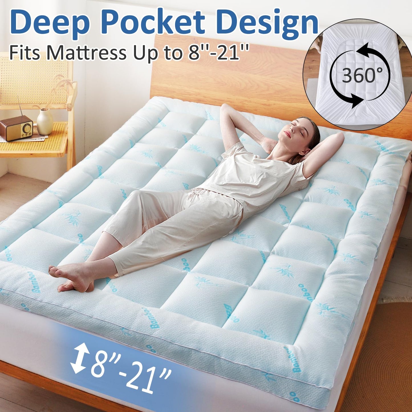 Favorland Mattress Topper Queen Size - Cooling Extra Thick Breathable Viscose Made from Bamboo Mattress pad - Soft Quilted Fitted Mattress Cover with 900 GSM Down Alternative Fill (8-21”Deep Pocket)