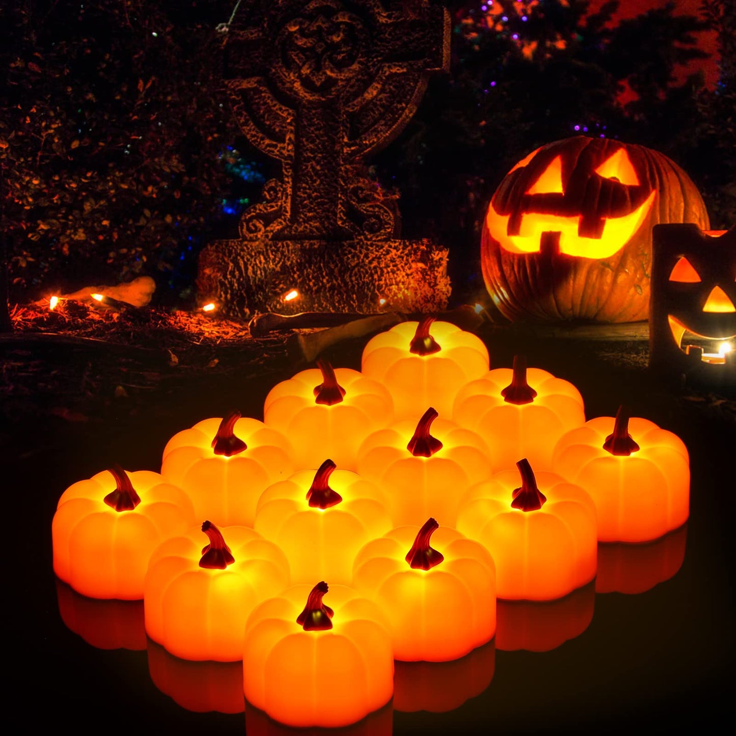 ORIA Pumpkin Tea Lights, 12 Pack Flickering Flameless Pumpkin Candles, for Decoration, Halloween, Thanksgiving Party