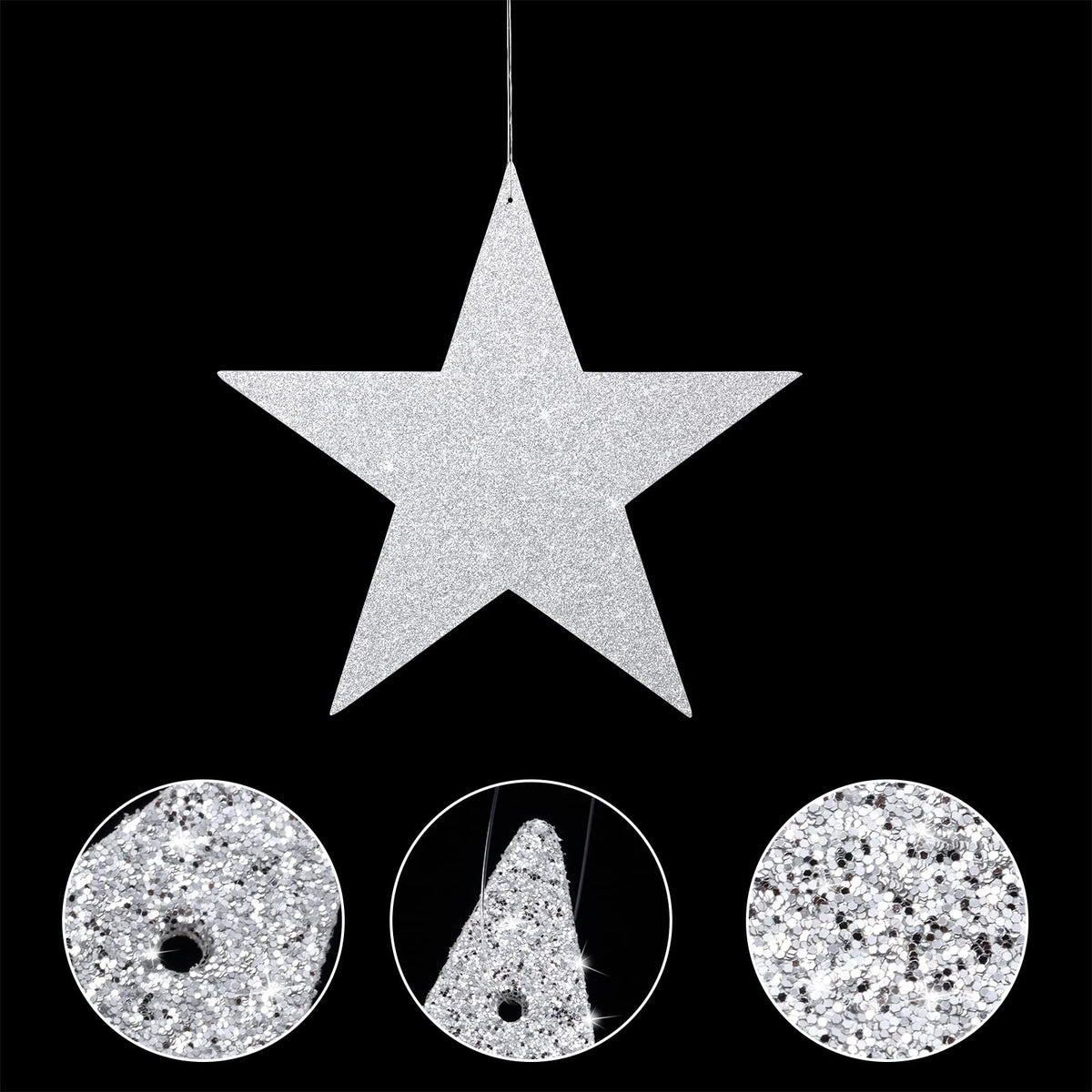 Boao 144 Pieces Silver Stars Shaped Cutouts Silver Cardboard Stars 4 Sizes 6cm/12cm/20cm/30cm Hanging Glitter Garlands with Nylon String for Wedding Birthday Party Graduation Classroom Wall Decor