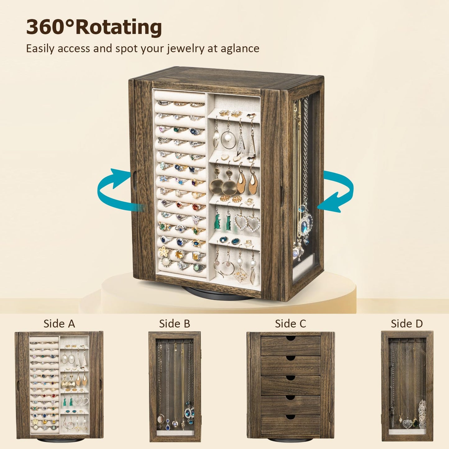 Emfogo 360° Rotating Jewelry Box for Women, Rustic Wooden Jewelry Organizer Box with 5 Drawers, Glass Doors, Vertical Open Design Jewelry Storage Case Display for Earrings Rings Necklaces Bracelets