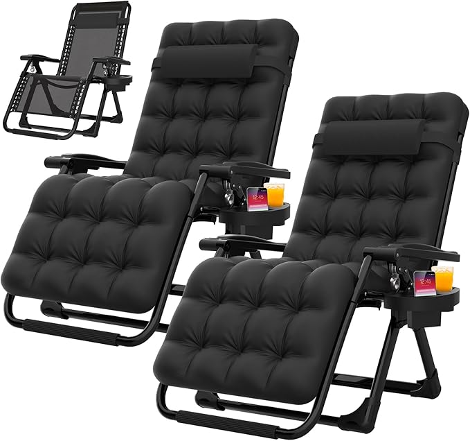 Suteck Zero Gravity Chair Set of 2, Reclining Camping Lounge Chair w/Removable Cushion, Upgraded Lock and Cup Holder, Reclining Patio Chairs Folding Recliner for Indoor and Outdoor