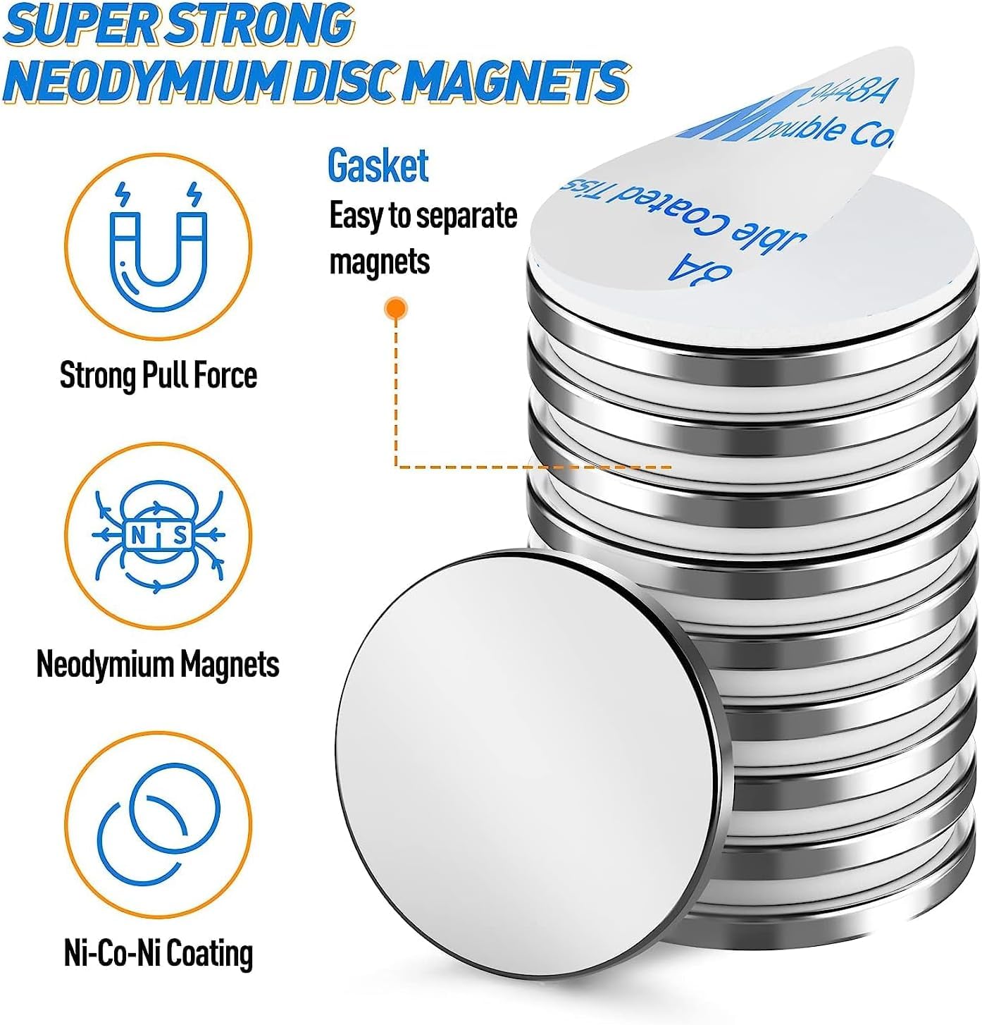 10 Pack Strong Magnet, Super Strong Permanent Rare Earth Magnets, Neodymium Magnets with Adhesive Backing, Thin Powerful Industrial Magnet for Fridge, Whiteboard, Craft, Cabinet, DIY - 30 mm x 3 mm