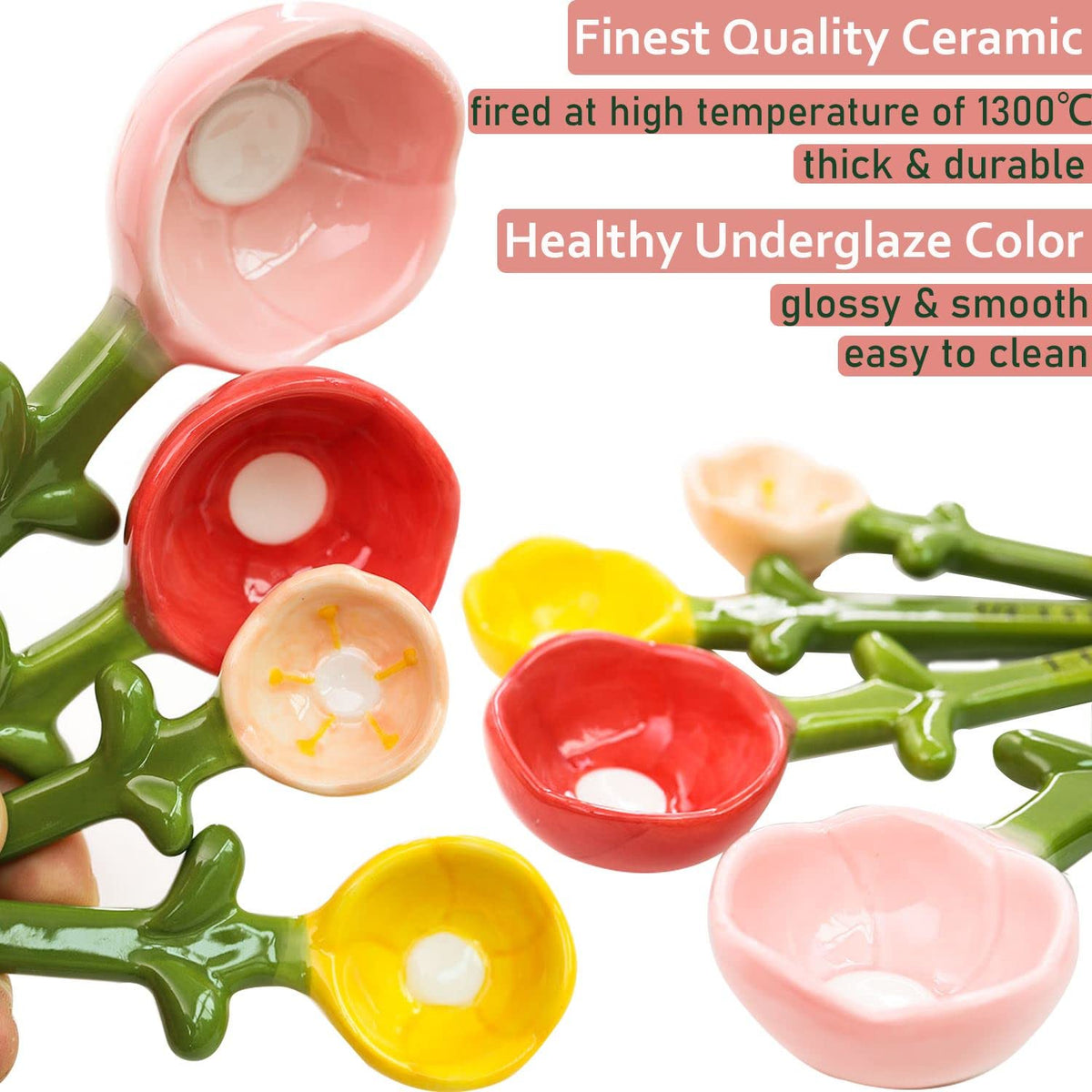 Flower Measuring Spoons Set in Pot Unique Baking Gifts Ceramic Cute Measuring Cups and Spoons with Holder for Dry Wet Ingredients Dishwasher Safe Pink