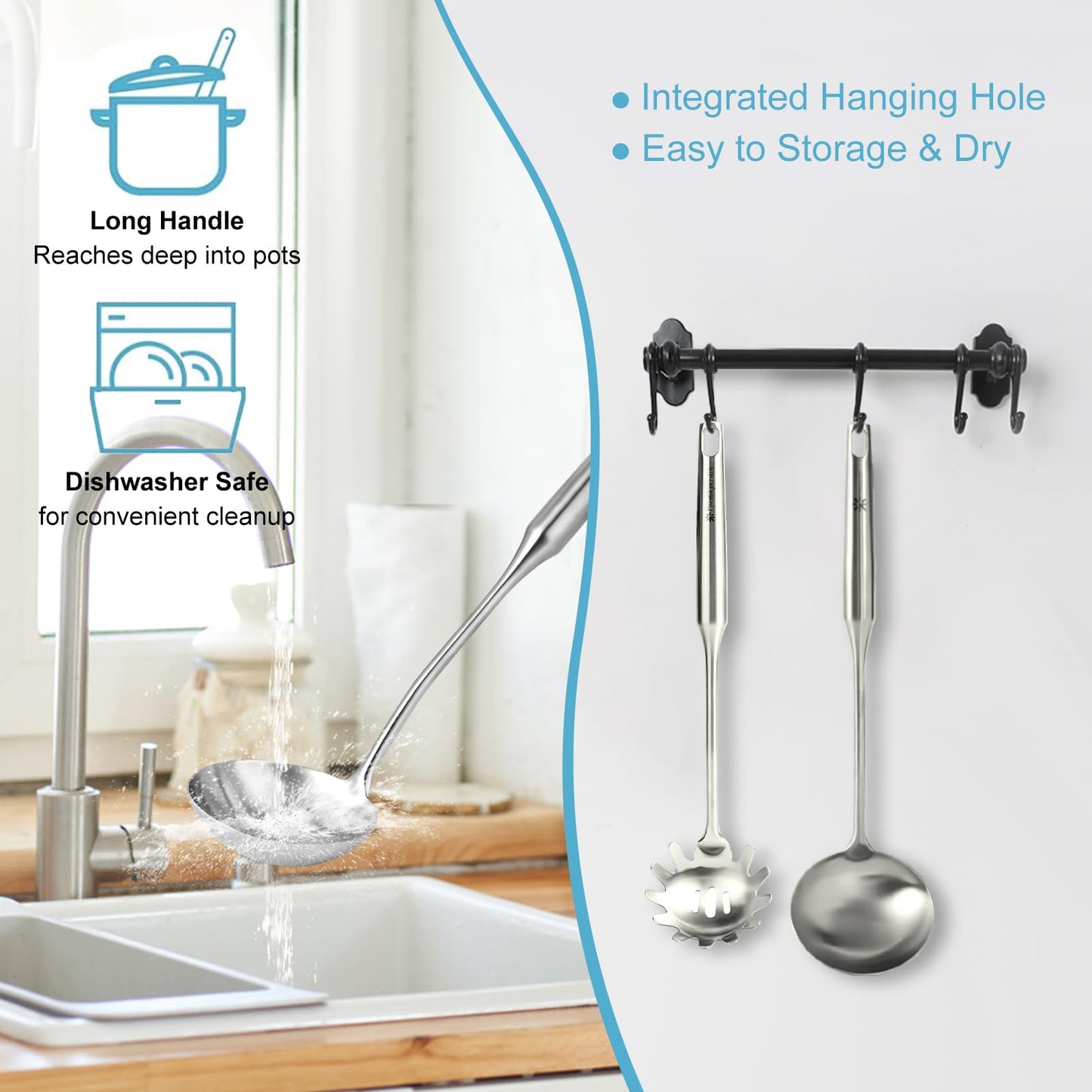 Stainless Steel Soup Ladle and Spaghetti Spoon Set - Large Ladle Spoon, Pasta Strainer, Durable Kitchen Cooking Utensils for Stirring, Serving Pasta, Soup & Sauce，Perfect Gifts