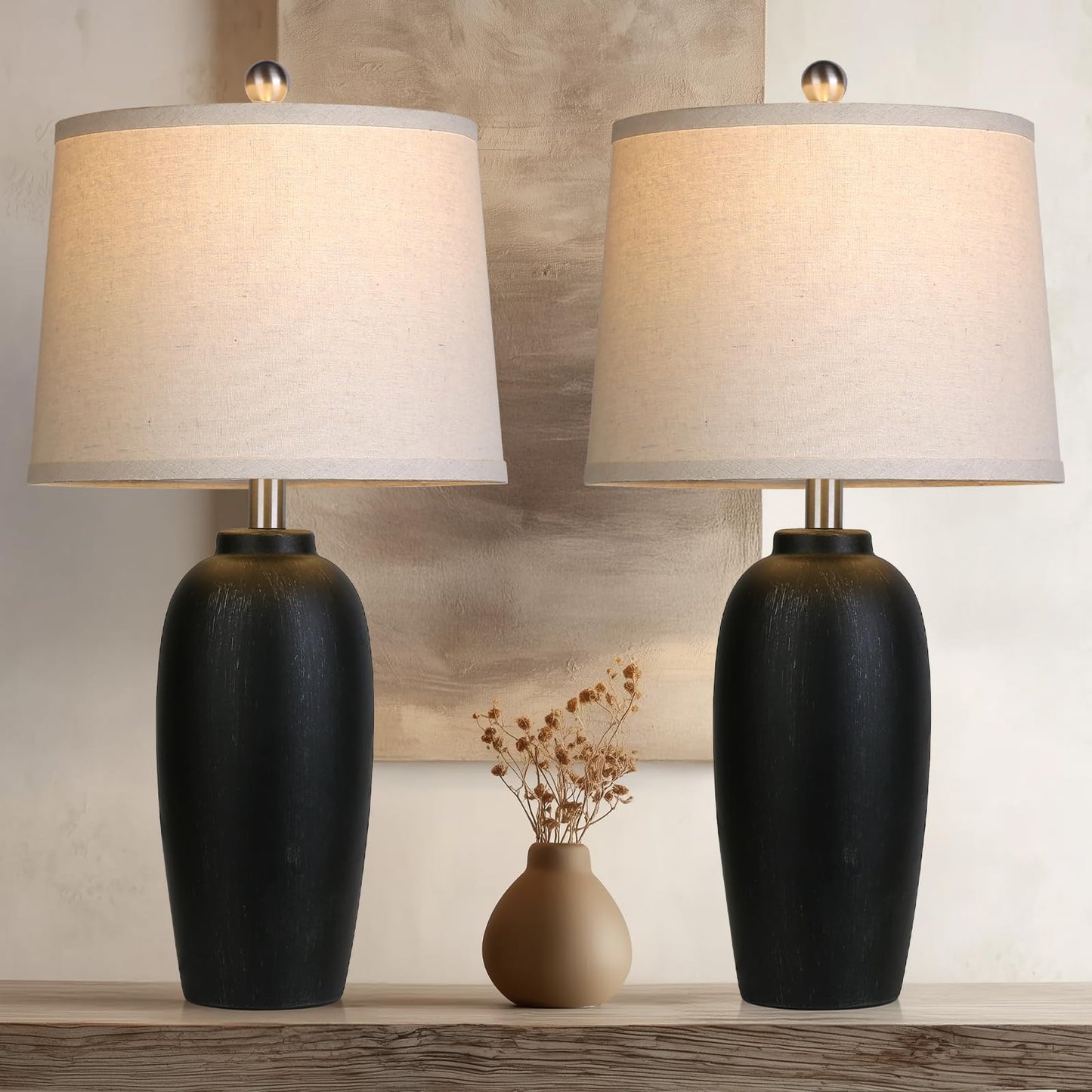 MOUVOVO Jar Table Lamps Set of 2, 25" Ceramic Bedside Lamps for Living Room, Black Farmhouse Nightstand Lamps for Bedroom
