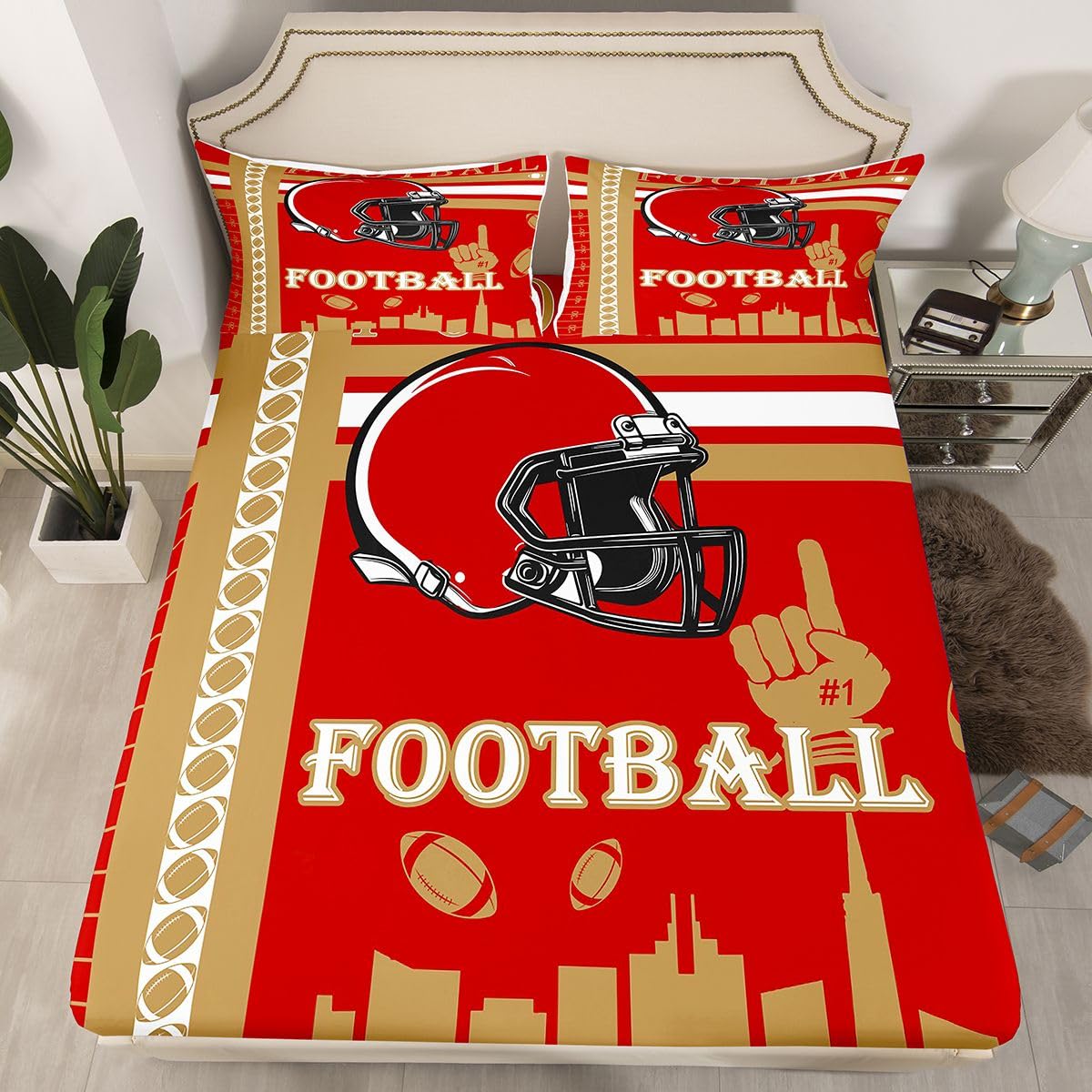 Feelyou Football Bed Sheets Set Boys Girls Twin Size Rugby Sports Bedding Set Football City Fitted Sheet with 16 Inch Deep Pockets