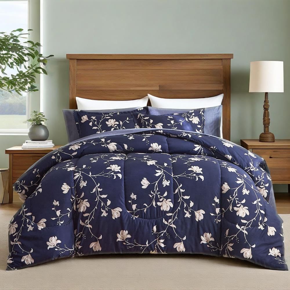 AIKASY Bed in a Bag Queen Comforter Set，7 Pieces Floral Comforter Set Bedding Sets with (1 Comforter, 2 Pillow Shams, 1 Flat Sheet, 1 Fitted Sheet, 2 Pillowcases) (Navy, Queen)