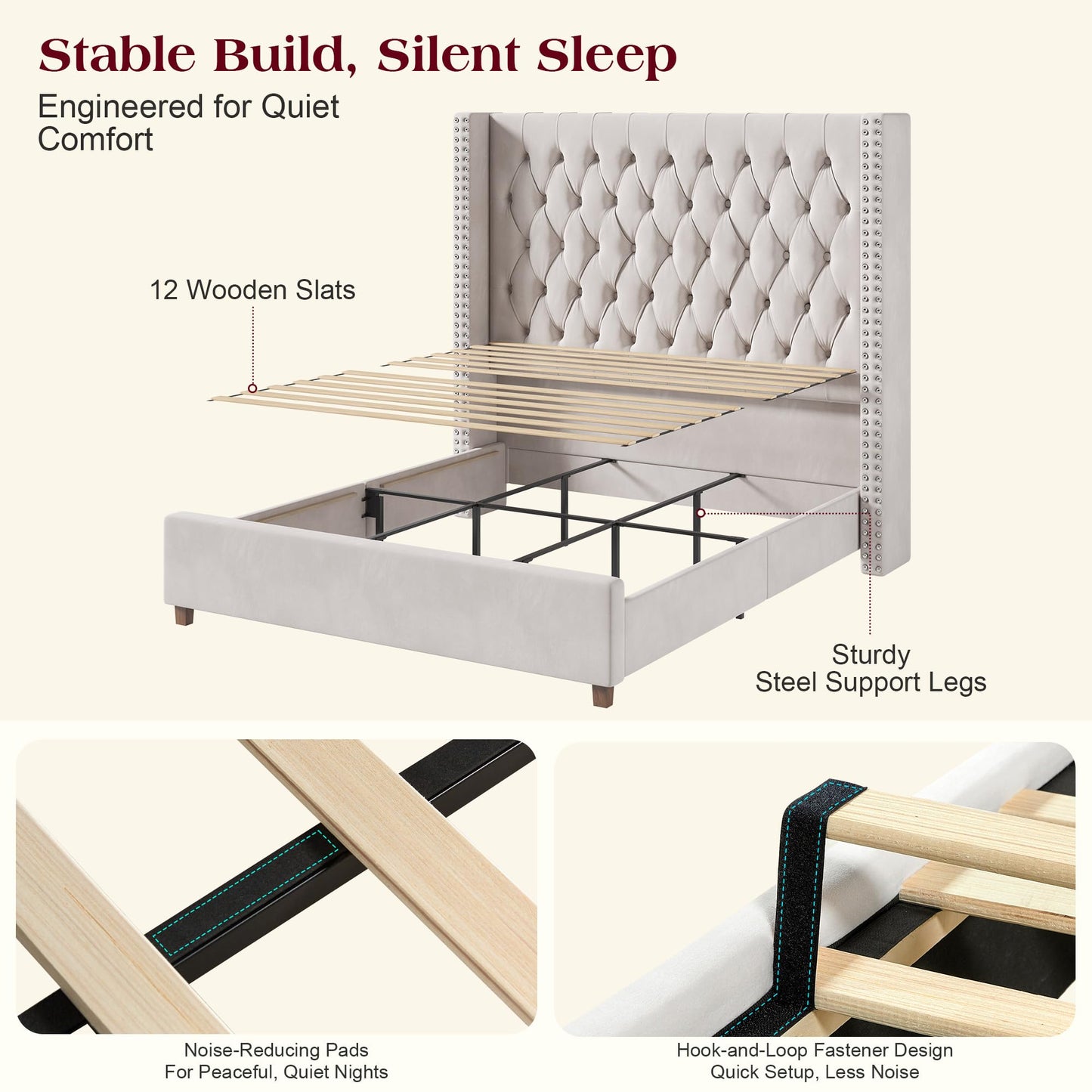 PaPaJet King Bed Frame with 61.4" Tall Wingback Headboard, Velvet Upholstered Platform Bed, No Box Spring Needed, Noise-Free&Easy Assembly, for Family with Kids/Pets & Luxury Home, Cream