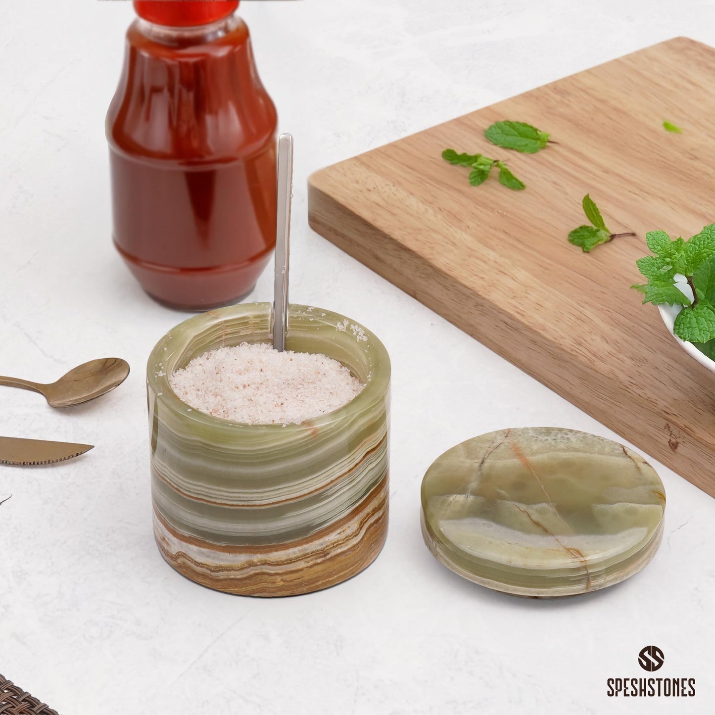 SPESHSTONES Marble Salt Cellar Green Onyx 3 Inch Handmade Stone Salt Containers for Countertop, 5.2 oz Sugar Jar with Lid and Spoon, Salt Bowl, Marble Salt Holder to Store Table & Flaky Salt