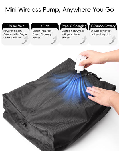 Travel Vacuum Bags with Wireless Pump, Reusable Vacuum Compression Bags for Suitcase, Space Saver for Luggage, Airtight & Waterproof, Perfect for Frequent Travelers & Business Trips (2-Pack)