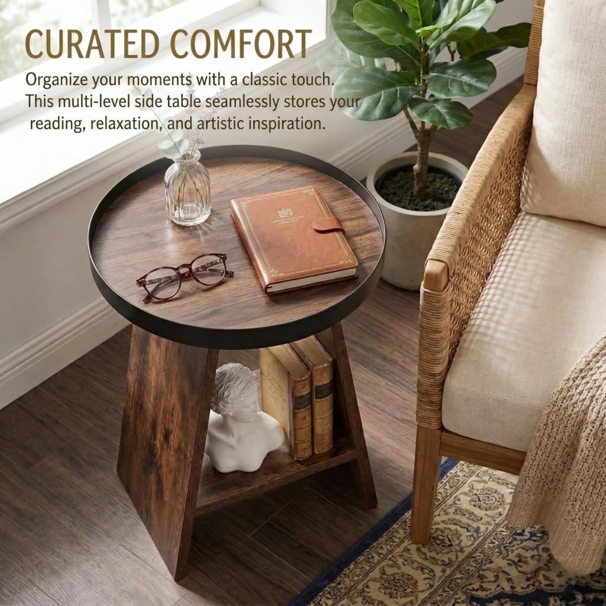 ZEXVIDA Round End Table with Tray Top, 2-Tier Rustic Side Table with Storage Shelf, Modern Farmhouse Industrial Wood Nightstand for Living Room, Bedroom, Small Spaces (Rustic Brown)