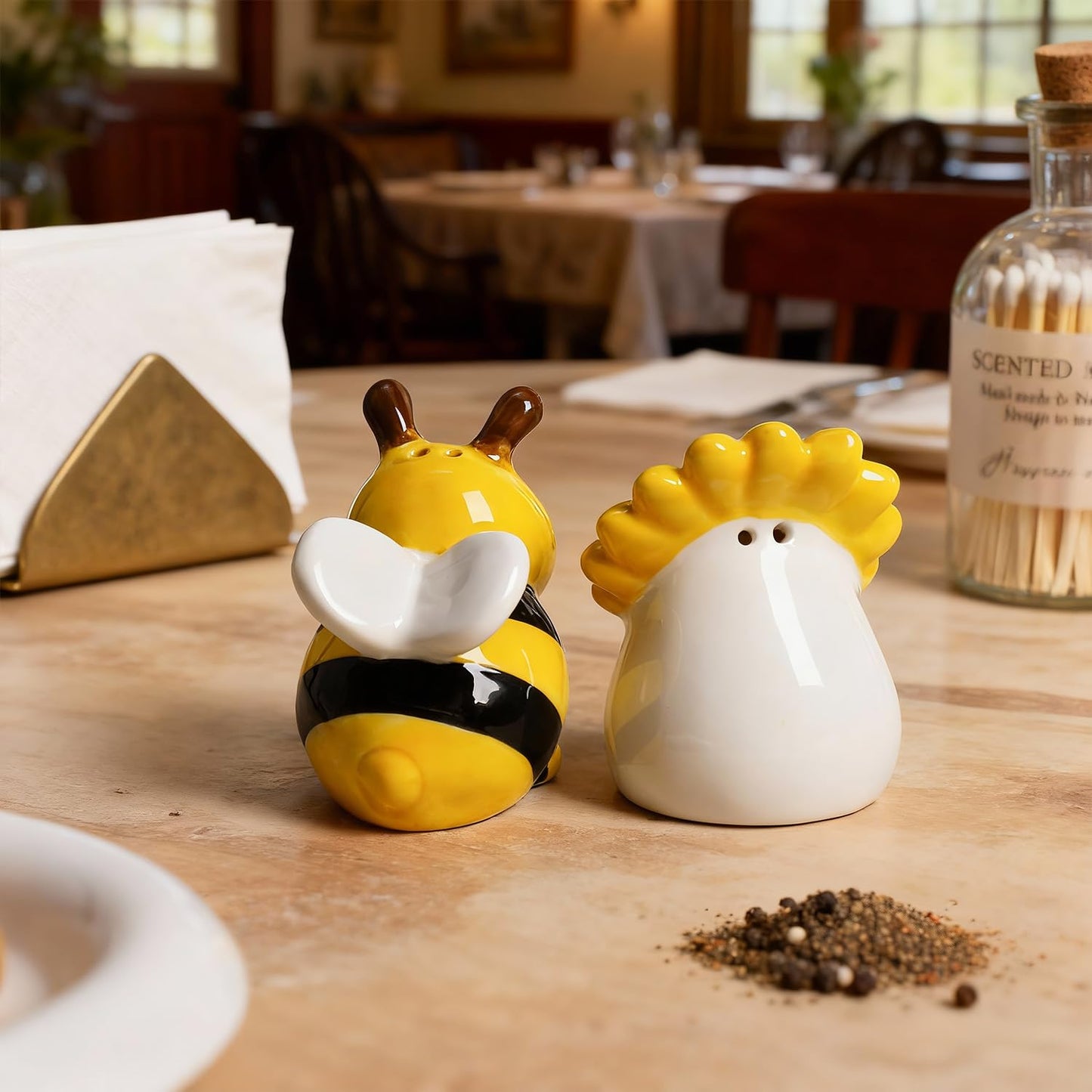 SOCOSY Sunflower and Bee Salt and Pepper Shakers Set, 2 PCS Ceramic Salt & Pepper Shakers Set
