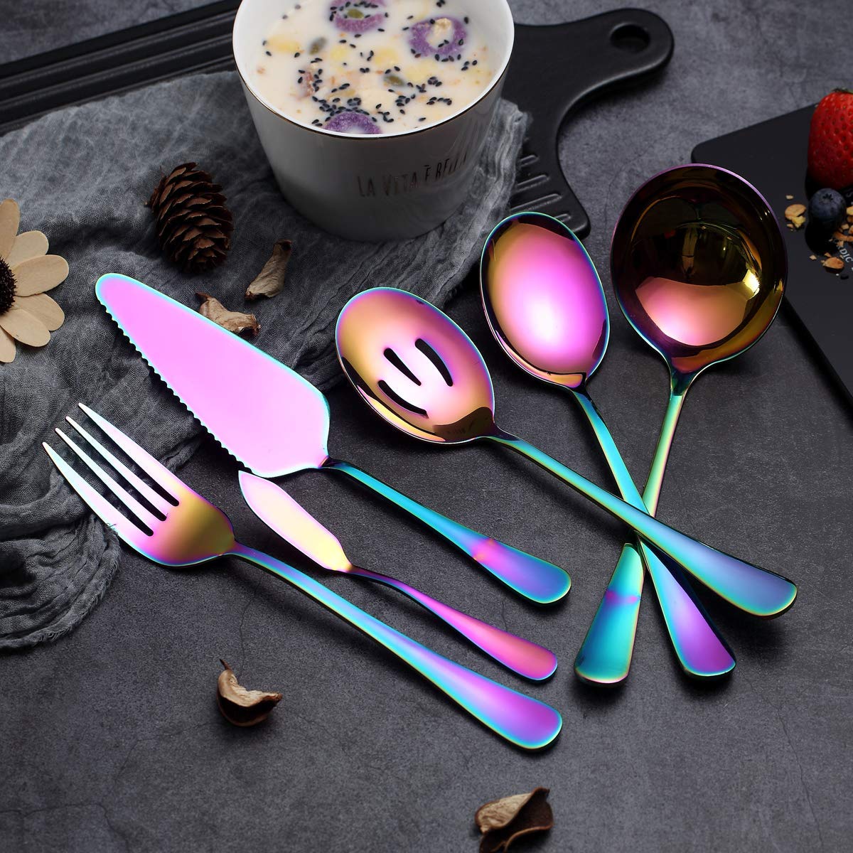 Rainbow Serving Spoons Set 6 Pieces, Serving Utensils Set Include Cake Server Slotted Spoon Serving Spoon Serving Fork Ladle Butter Knife Spreader Serving Set Dishwasher Safe